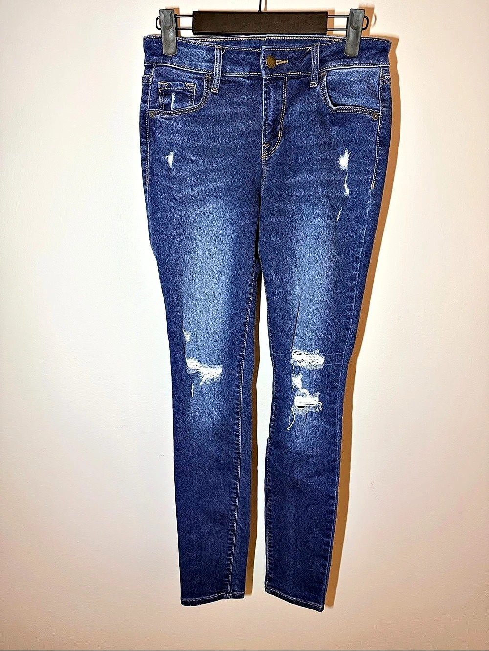 Old Navy Mid-Rise Distressed Rockstar Super Skinny Jeans Blue Waist 2